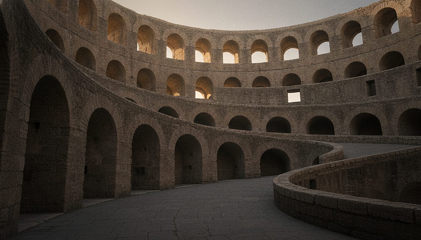 Patio circular interior del Castillo de Sant'Angelo con la rampa que sube entre los muros del mausoleo de Adriano